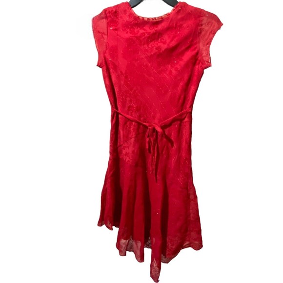 Girls’ Red Sparkly Dress Cap Sleeve Handkerchief Hem Tie Waist Festive Size 12 - Picture 3 of 10